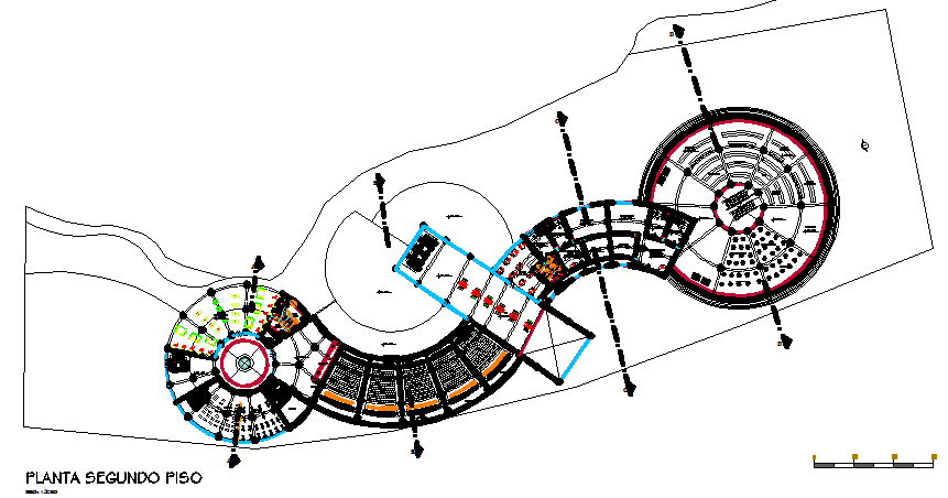 Circular design layout plan of building, corporate structure dwg file