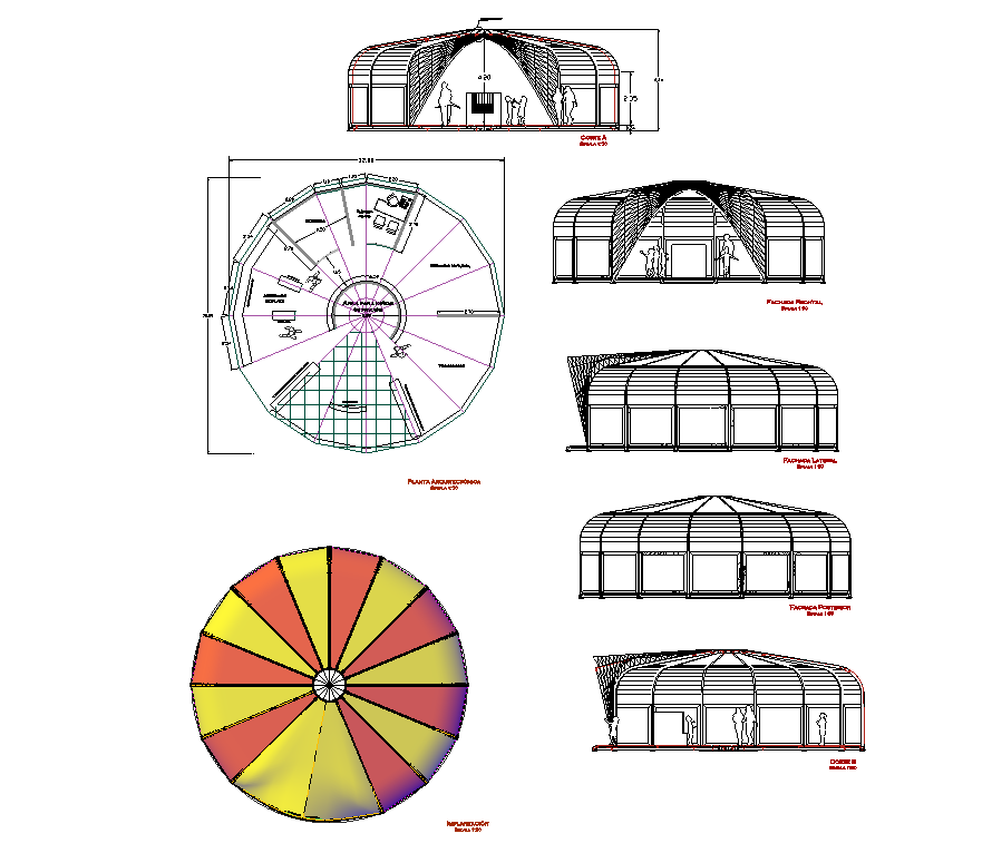 Circular shape building detail elevation dwg file