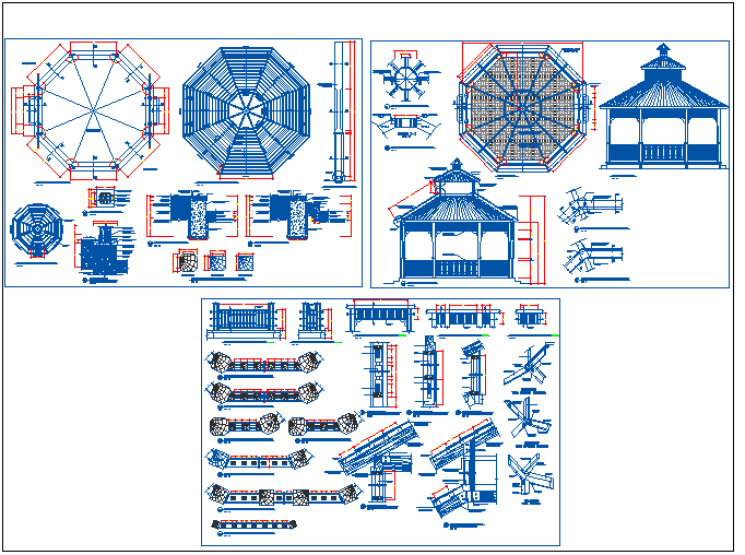 Circular wooden pergola of garden architecture project dwg file
