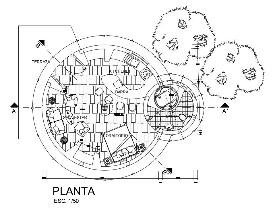 Circular guest house plan is given in this AutoCAD drawing model.Download now.