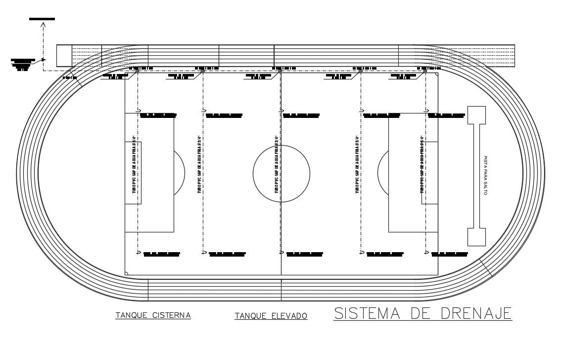 Cistern location detail of the 160x86m basketball stadium plan is given in this AutoCAD drawing model. Download now.
