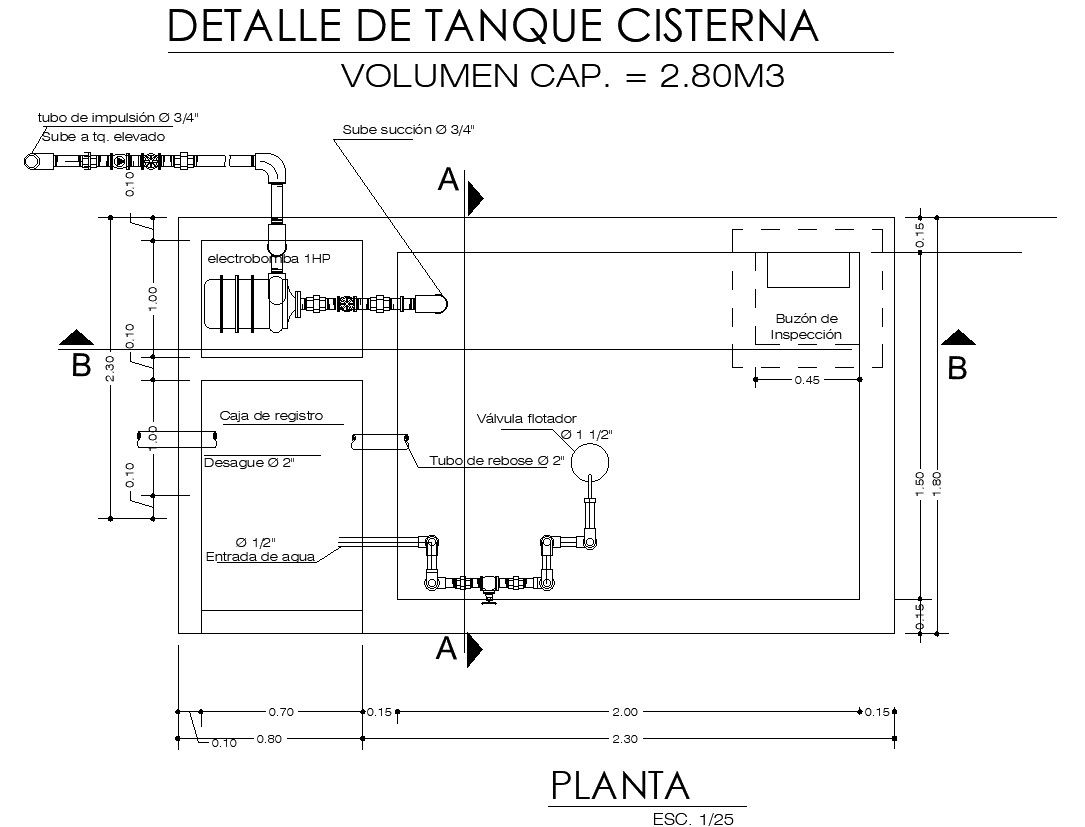 Cistern tank detail design in AutoCAD 2D drawing, CAD file, dwg file