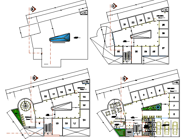 City shopping center landscaping with floor plan layout dwg file