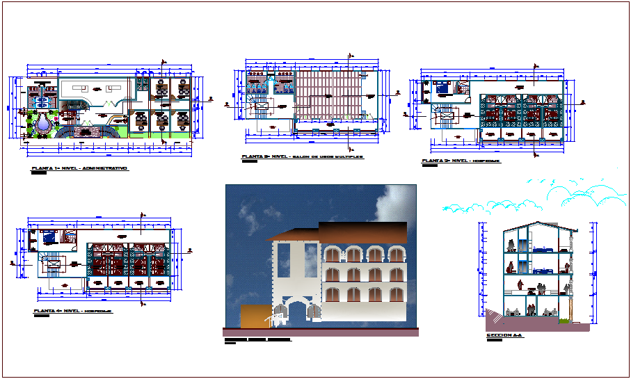 Civic center government building floor plan,elevation & section view dwg file
