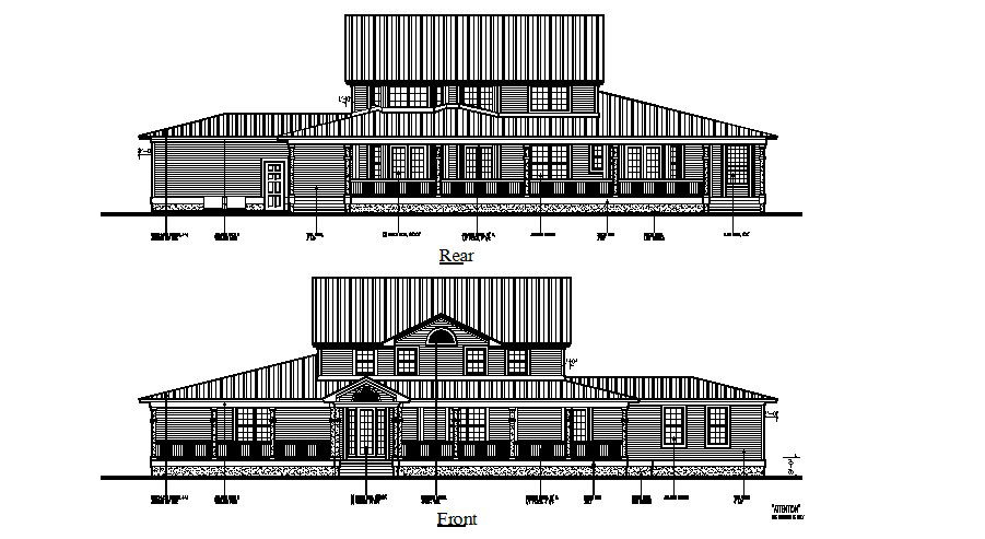 Classic one family house front and rear elevation autocad drawing
