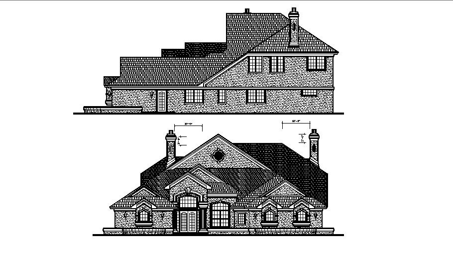 Classic roof house front and back elevation cad drawing