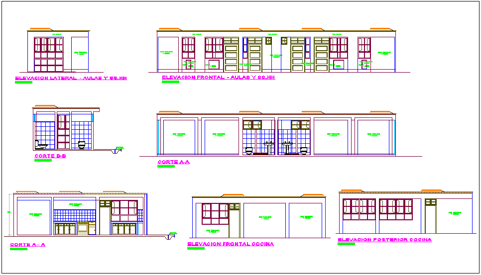 Classroom building elevation and different axis section view for dwg file