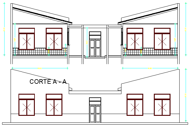 Classrooms and sanitary blocks section view dwg file