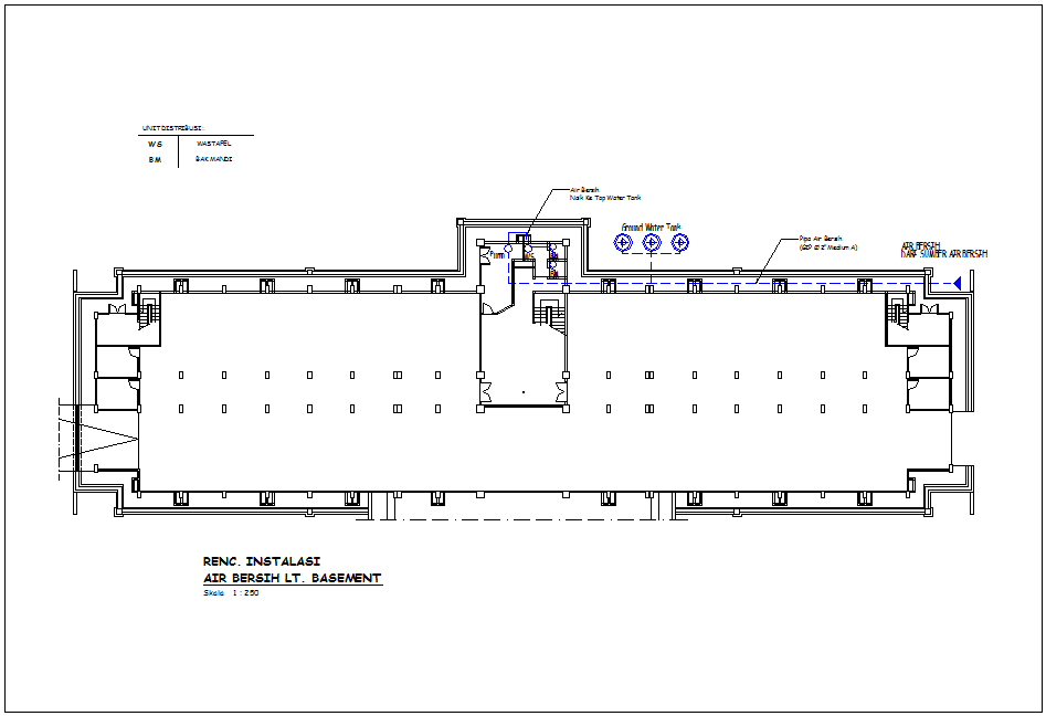 Clean single water line view for basement of government building dwg file