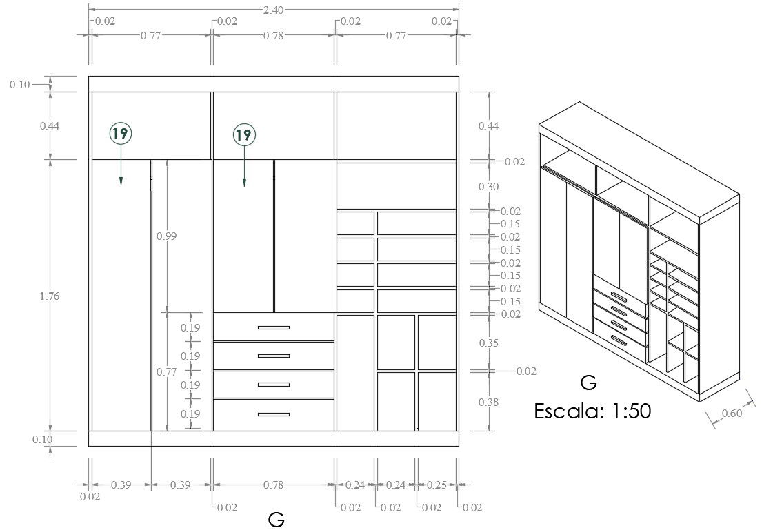 Closet Furniture Front And Isometric Elevation Drawing Download DWG File