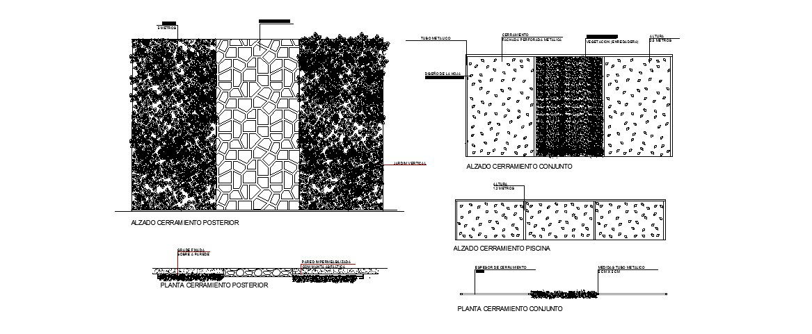 Closure in perforated metal facade and vertical garden automation details dwg file