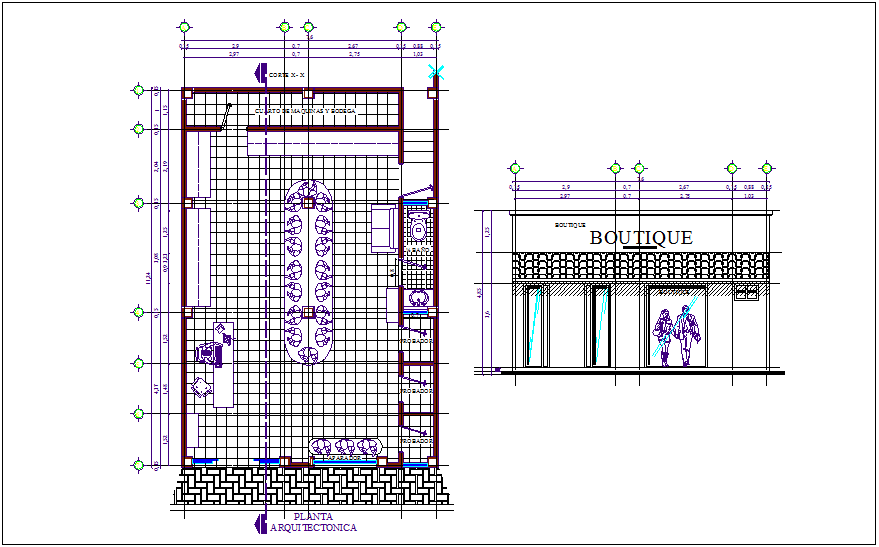 Clothing shop architectural plan and side elevation dwg file