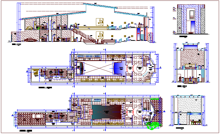 Club house design view, dance floor plan,elevation & section view dwg file