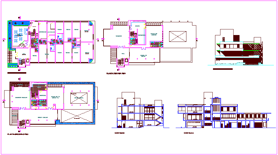 Club house floor plan,elevation and section view dwg file
