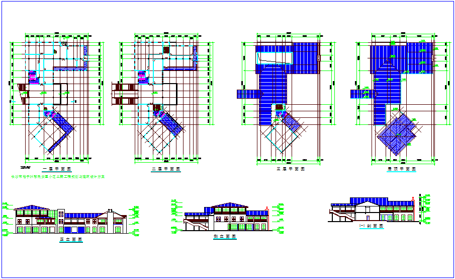 Club house plan and elevation with column view dwg file