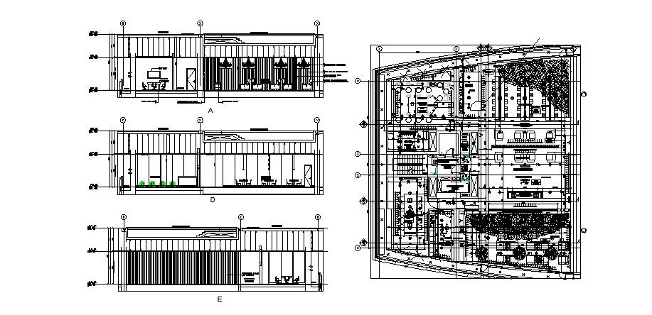 Club house section and distribution plan cad drawing details dwg file
