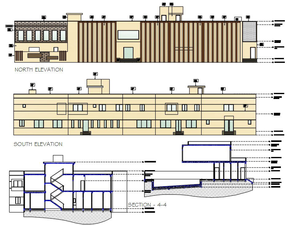 Club House Building Sectional Elevation Design DWG File
