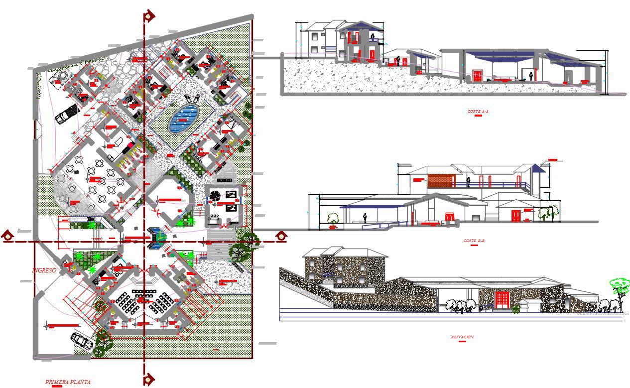 Club House Master Plan And Building Section And Elevation Drawing DWG File