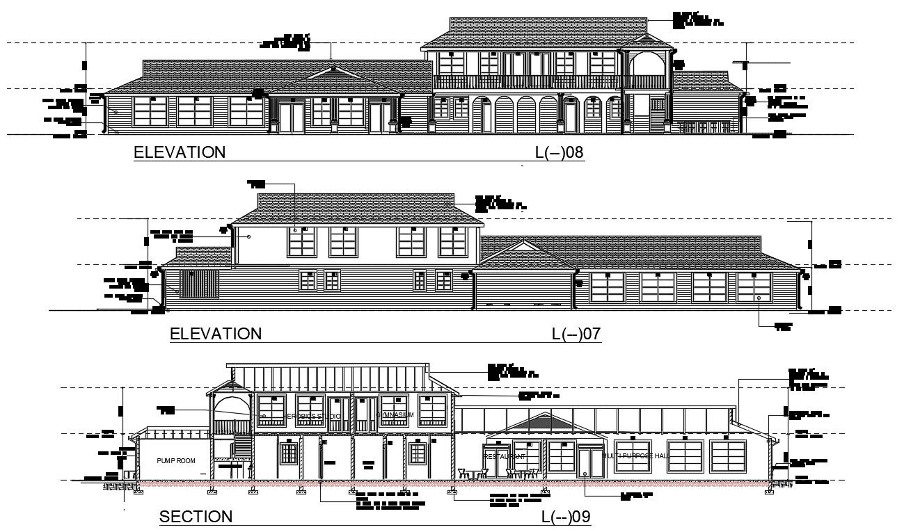 Clubhouse Building Sectional Elevation Drawing Download DWG File