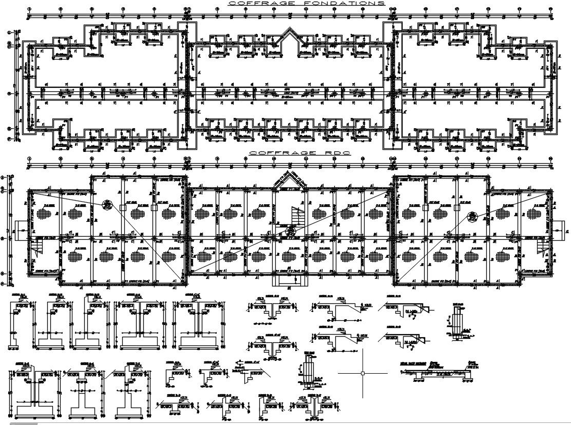 Coffrage foundation & raft foundation layout plan with reinforcement details and different structure sections design details in AutoCAD 2D drawing