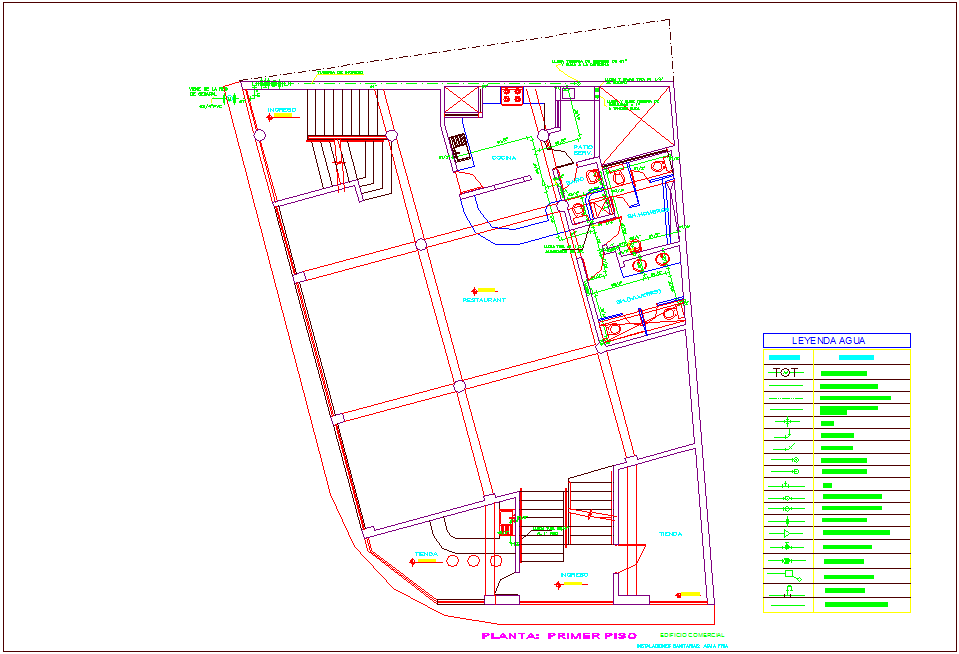 Cold water line view with legend for commercial building first floor plan dwg file