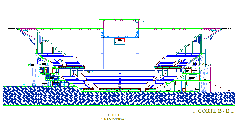 Coliseum workshop sectional view with architectural view dwg file