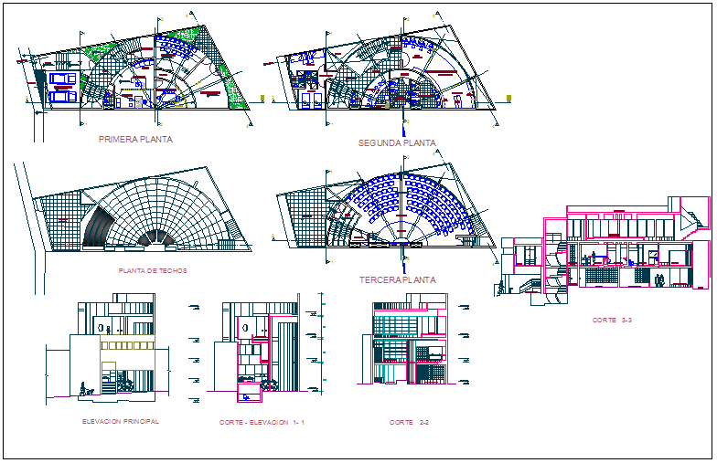 Collage floor plan,elevation and section view dwg file