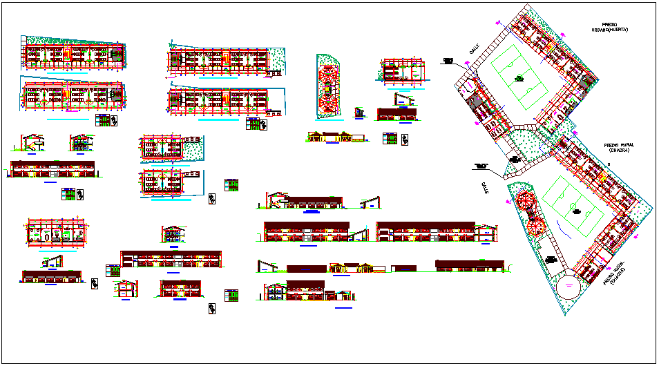 Collage plan & elevation view with door, window detail view dwg file