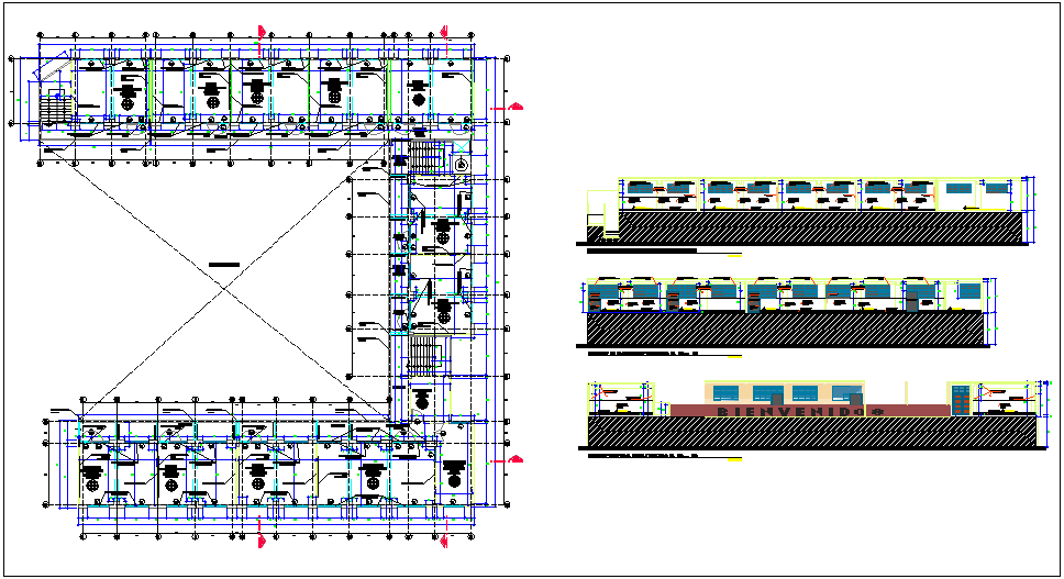 Collage plan and section with door and window view dwg file