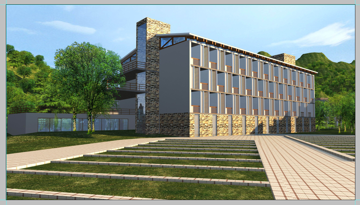 College building structure detail elevation 3d model layout PSD file