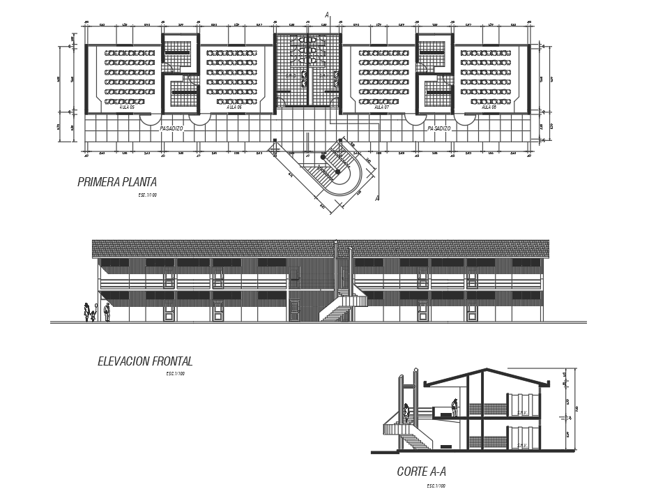 College plan, elevation and section plan detail dwg file