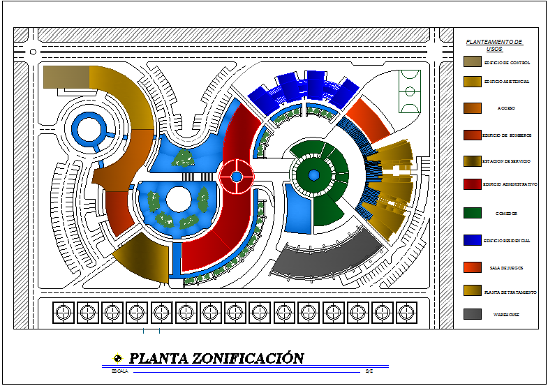 Color code view with zoning plan of industrial plant area dwg file