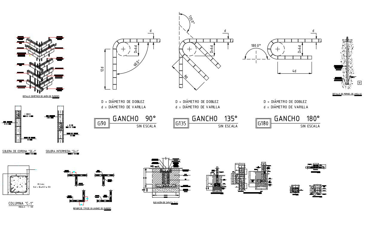 Column, brick wall and construction details of commercial building dwg file