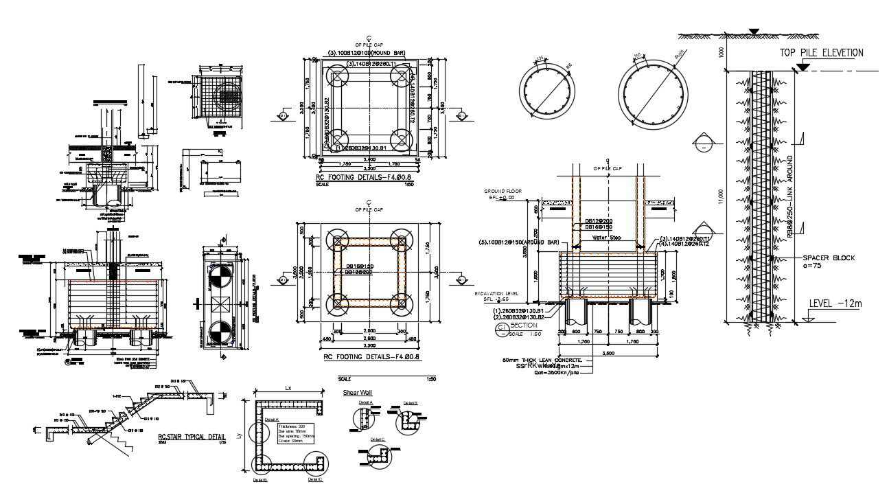Column foundation layout DWG with reinforcement and concrete details