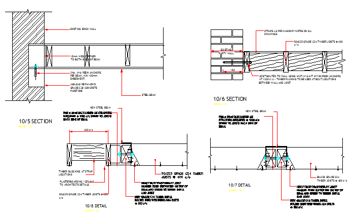 Column and beam construction details of one family house dwg file