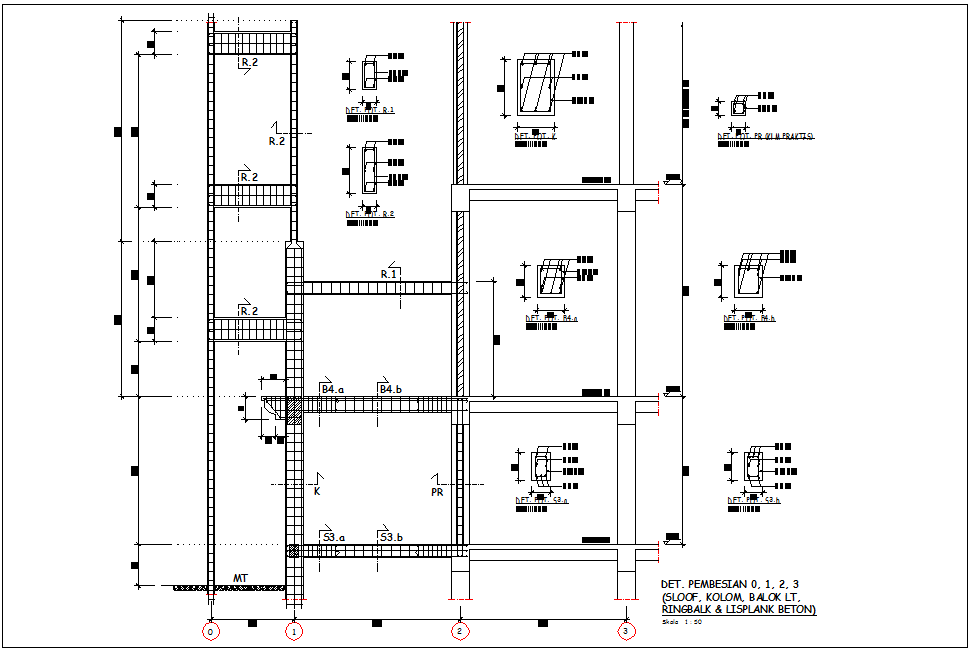 Column and beam design with structure view of 0,1,2 and 3 number view for head quarter dwg file