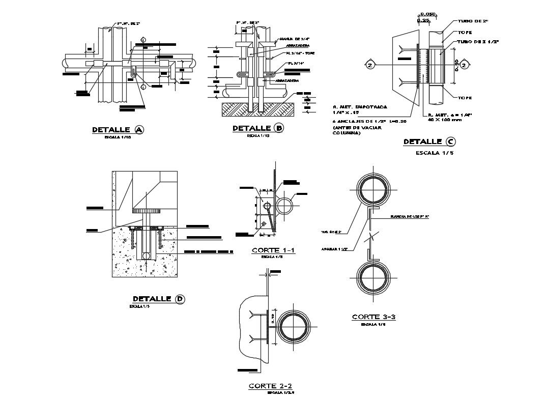 Column construction and structure details of house gate dwg file