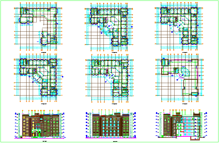 Column design view with elevation view of corporate building dwg file