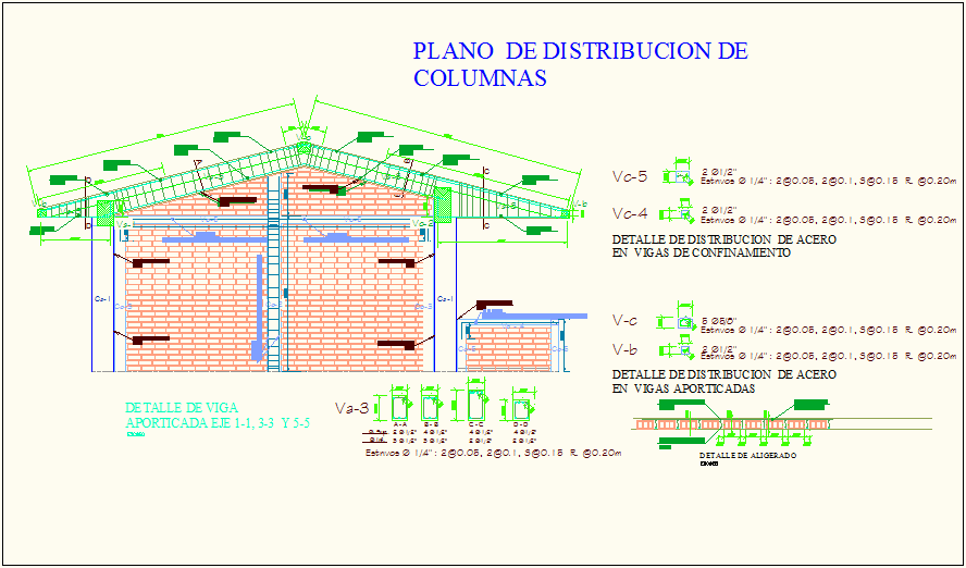 Column distribution with column detail for education center dwg file