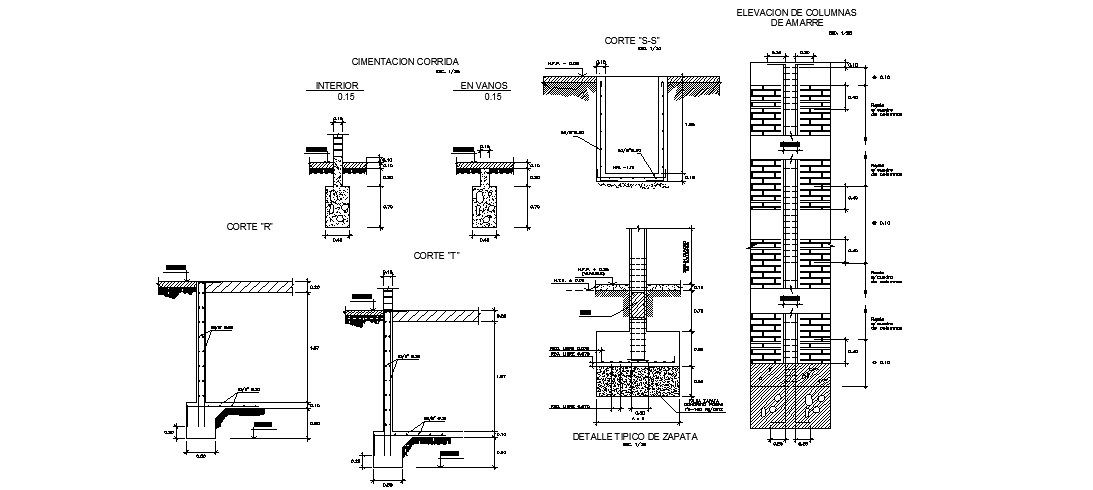 Column elevation, plan and constructive structure details dwg file