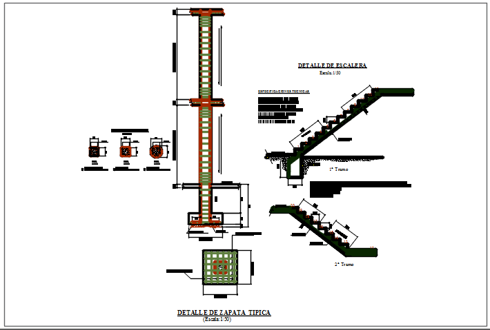 Column elevation section plan detail and stair section detail dwg file