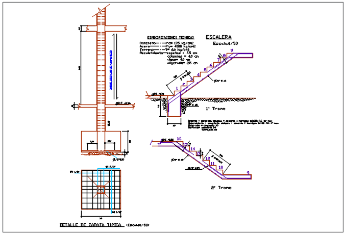 Column elevation section plan detail and stair section detail dwg file