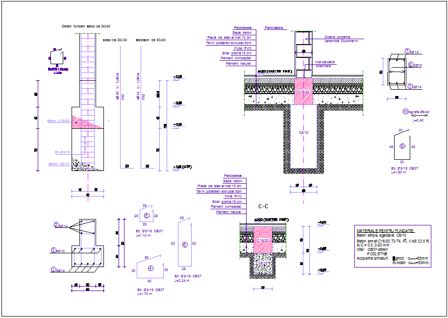 Column foundation and slab detail view for house dwg file