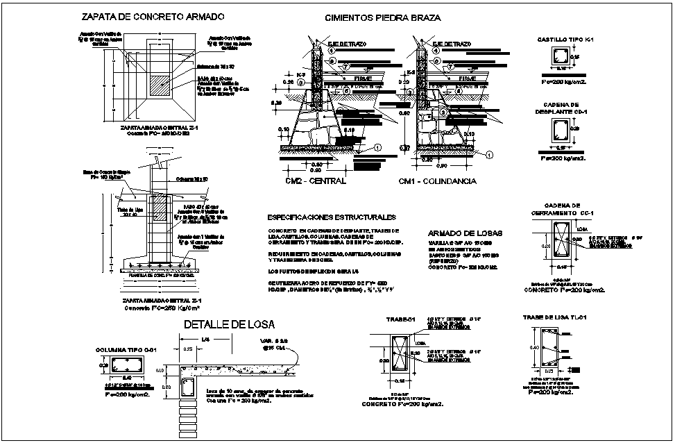 Column plan and section view with structure view of residence area dwg file