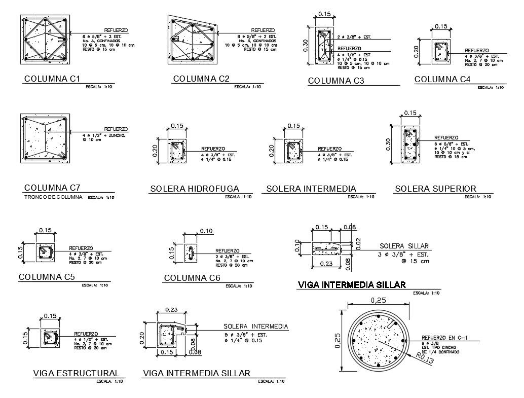 Column section and constructive structure details dwg file