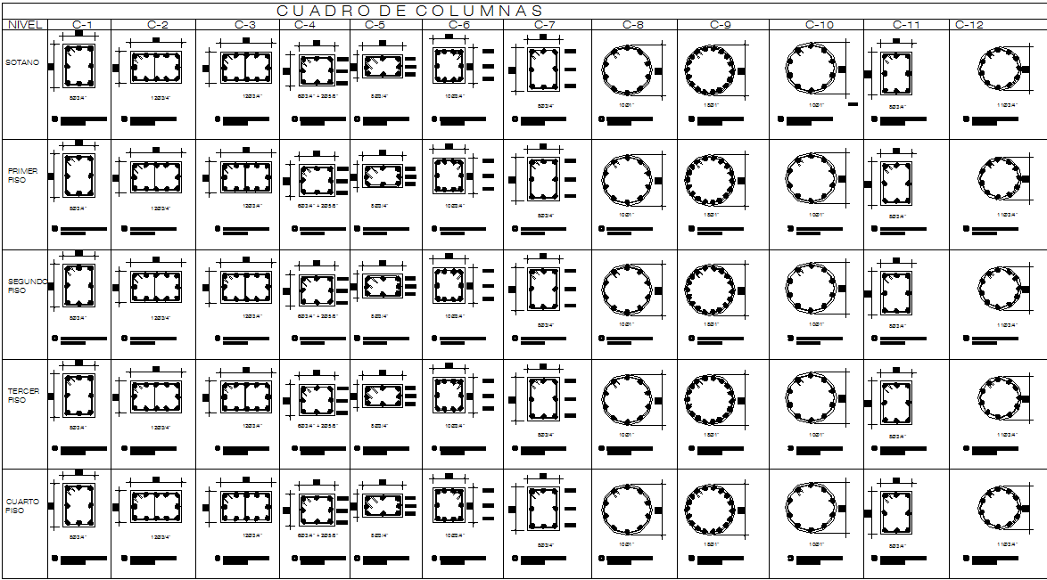 Column section table detail dwg file