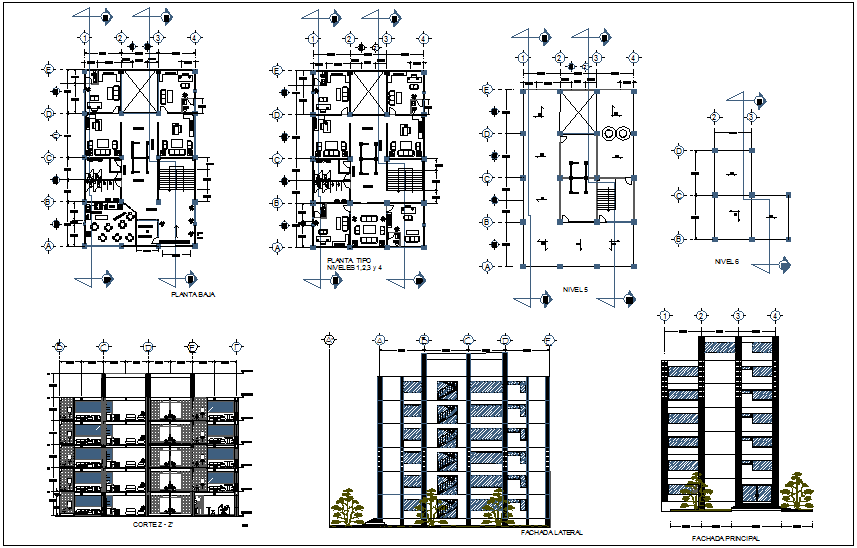 Column view in plan and section view of office dwg file