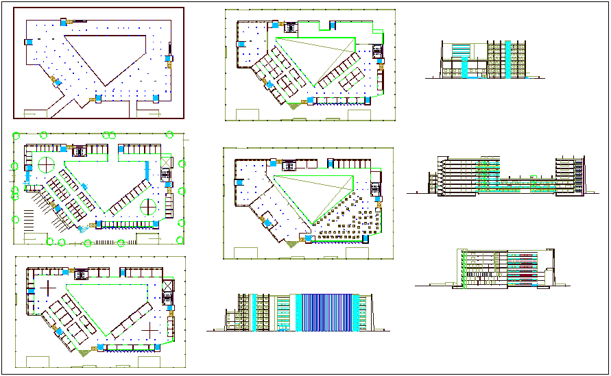Column view of office building plan and elevation dwg file