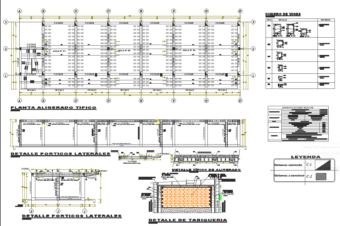 Column view with detail and structural plan of classroom dwg file
