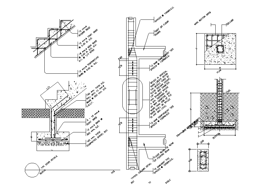 Column And Wall Footing Reinforcement Section CAD Drawing DWG File